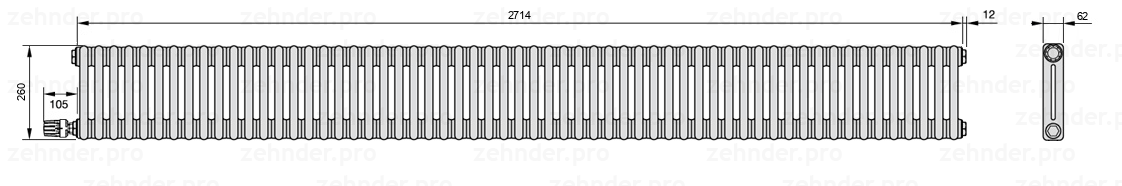 Схема (чертеж) Радиатор Zehnder Charleston 2026/59 №V004 Белый глянцевый RAL 9016